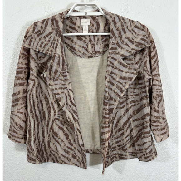 Chico's Jackets & Blazers - Chico's Moto Jacket Size L Brown Knit Animal Print 3/4 Sleeve Acrylic